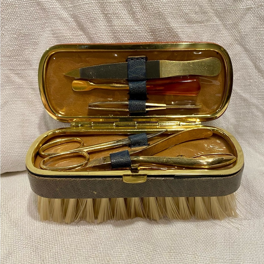 Vintage Leather Grooming Kit with gold tool / manicure kit made in Germany